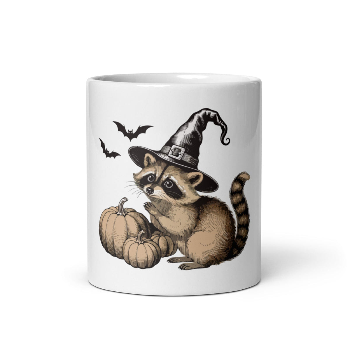 Raccoon Halloween Mug - white 11 oz ceramic mug, front view