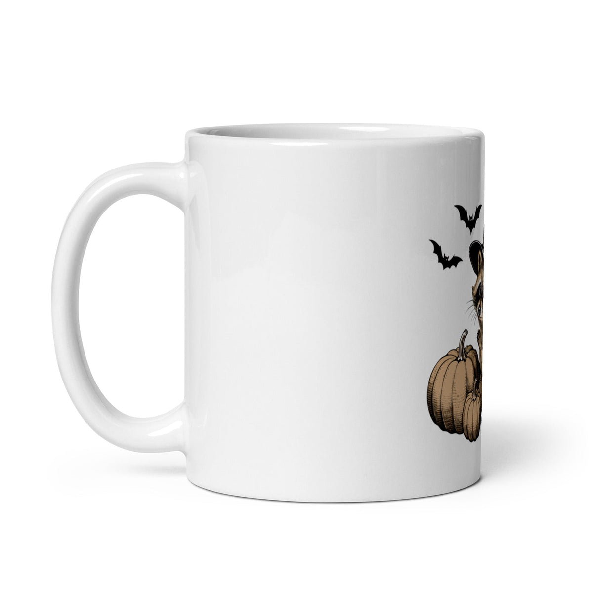 Raccoon Halloween Mug - white 11 oz ceramic mug, handle on left